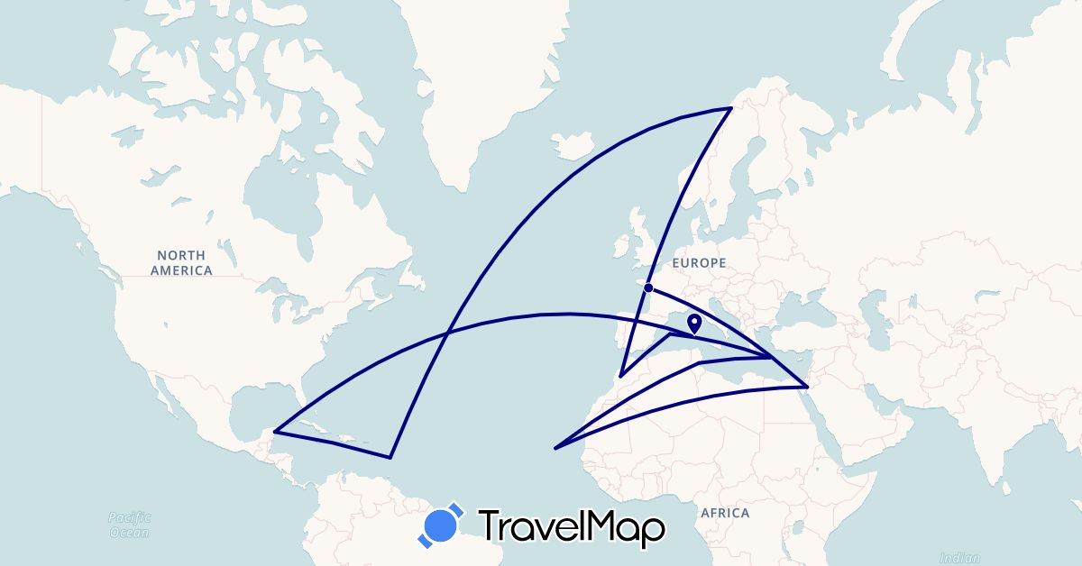 TravelMap itinerary: driving in Cape Verde, Egypt, Spain, France, Greece, Italy, Morocco, Martinique, Mexico, Norway, Tunisia (Africa, Europe, North America)